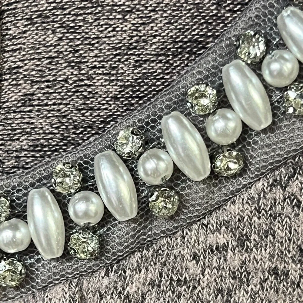 Monteau Girl Dress Heather Grey Embellished Neckline Tie Waist Pearls Rhinestone